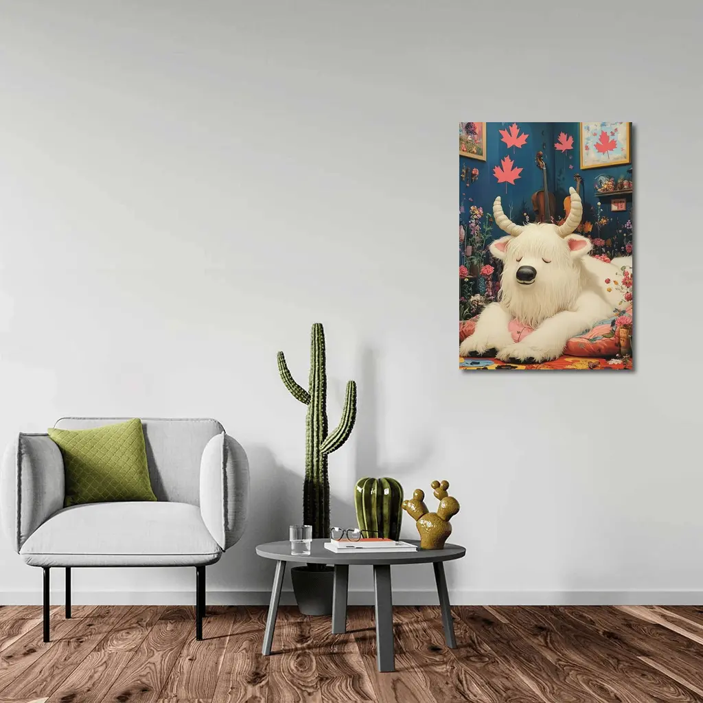 White Goat Sleeping Floral Room Maple Leaves – Wall Art