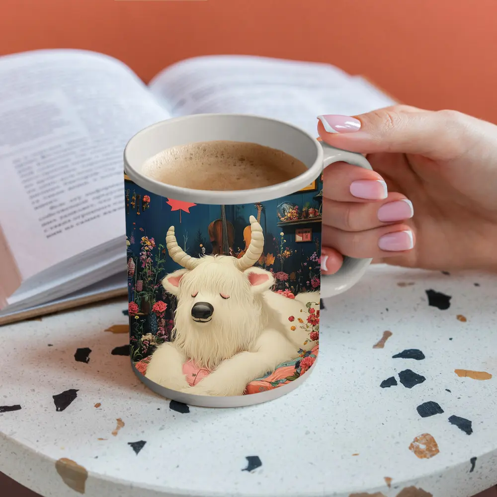 White Goat Sleeping Floral Room Maple Leaves – Mugs