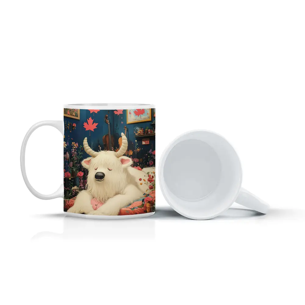 White Goat Sleeping Floral Room Maple Leaves – Mugs