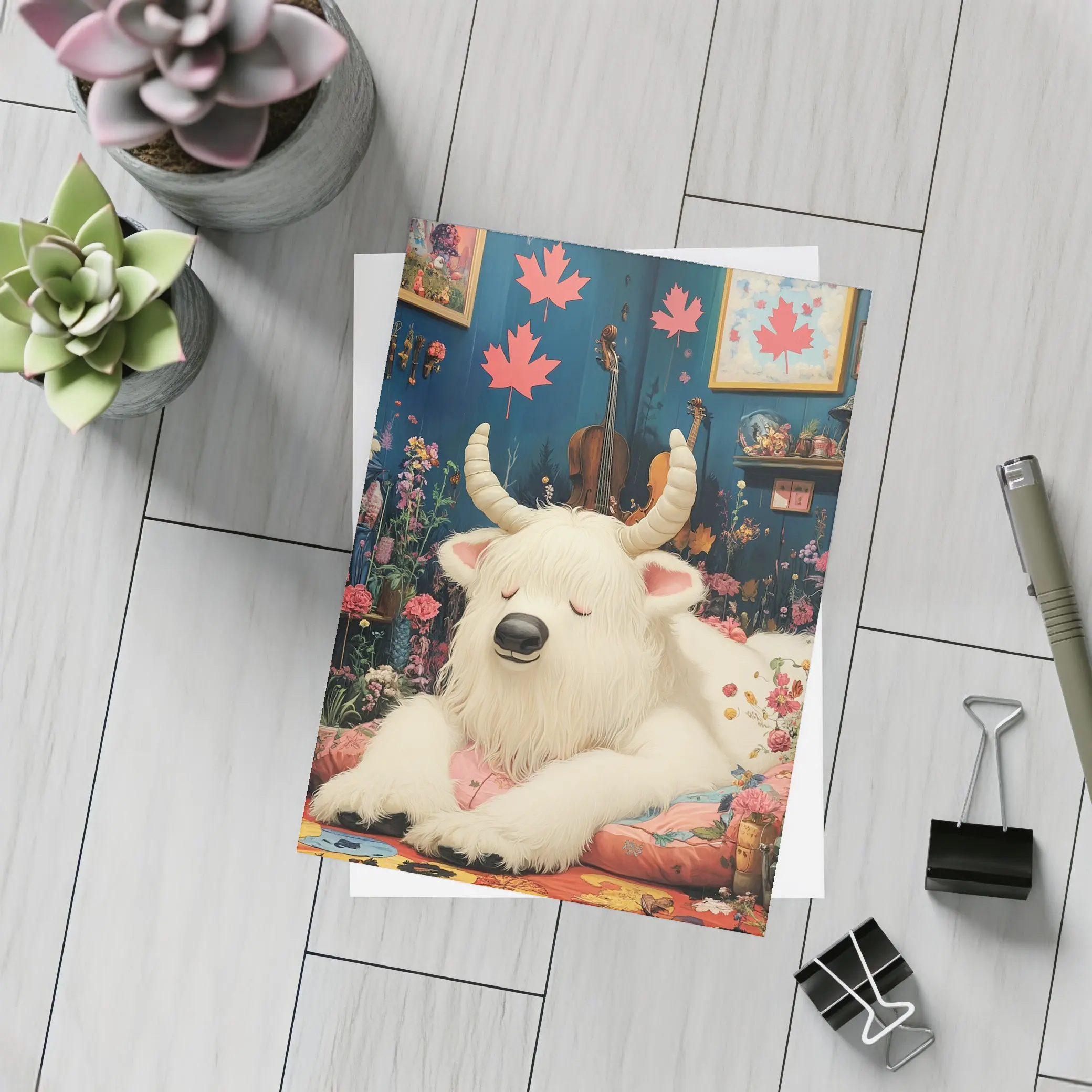 White Goat Sleeping Floral Room Maple Leaves – Postcards
