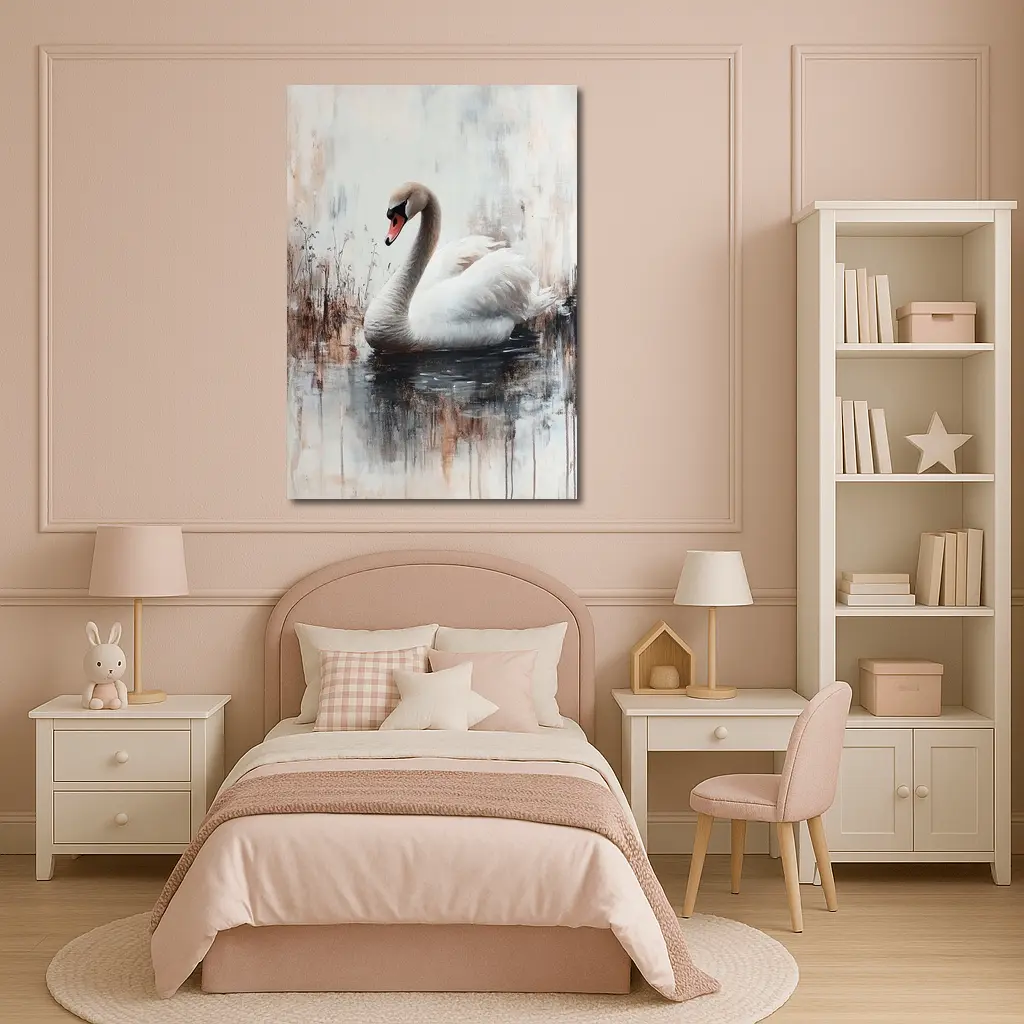 White Swan Floating on Misty Water Painting – Wall Art