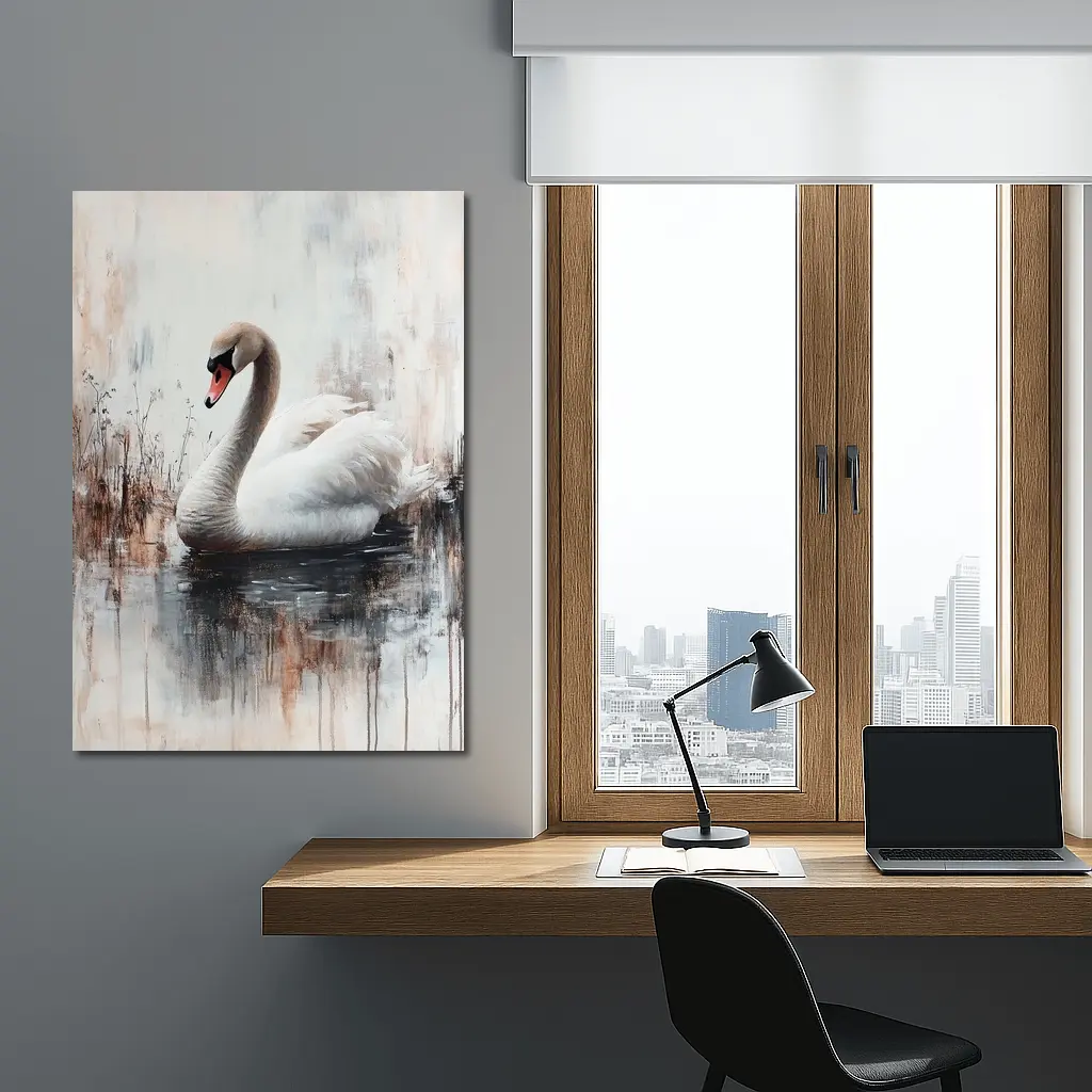 White Swan Floating on Misty Water Painting – Wall Art