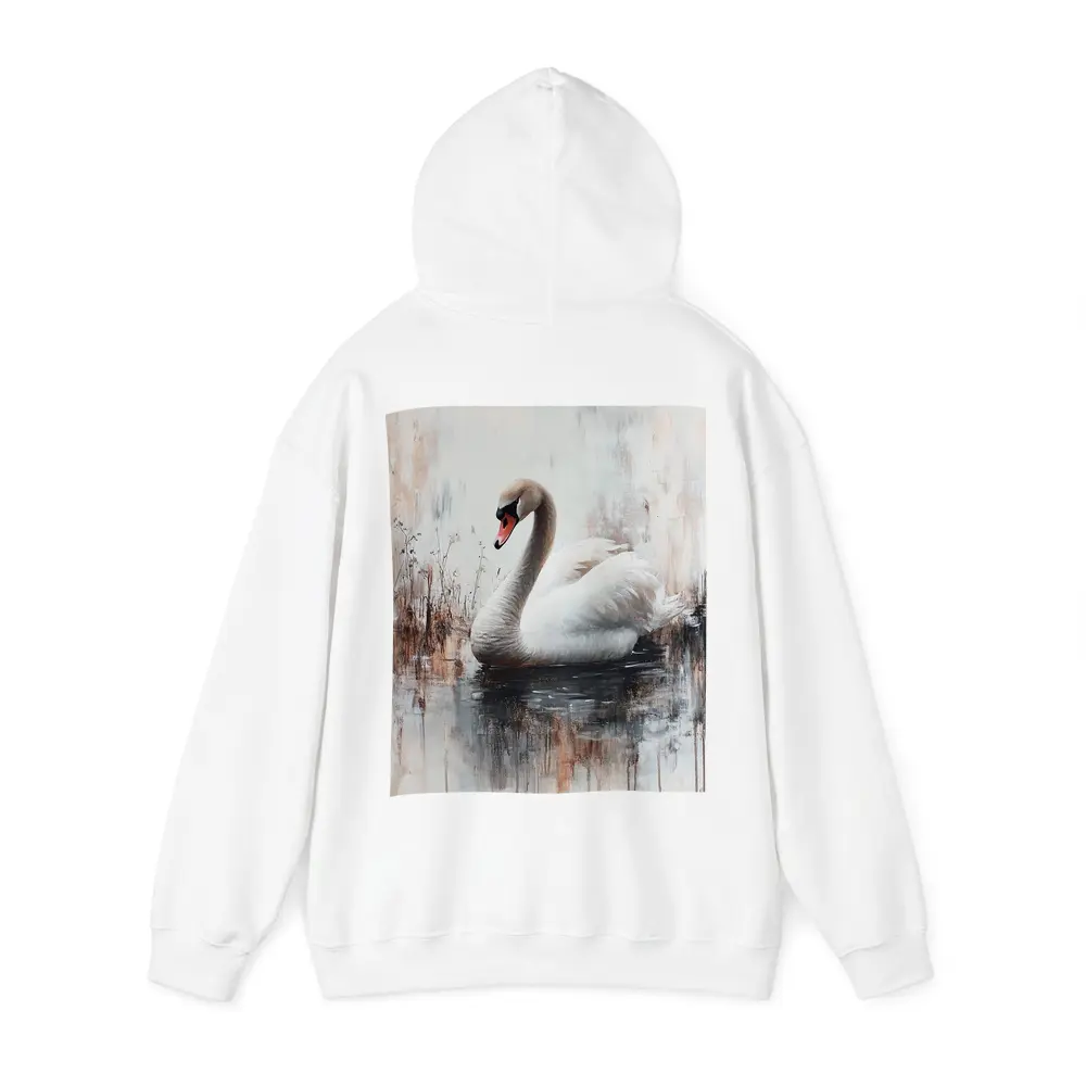 White Swan Floating on Misty Water Painting – Hoodies
