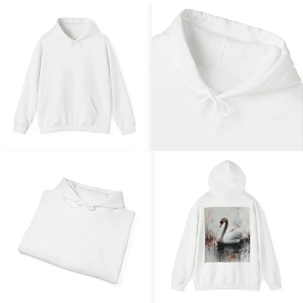White Swan Floating on Misty Water Painting – Hoodies