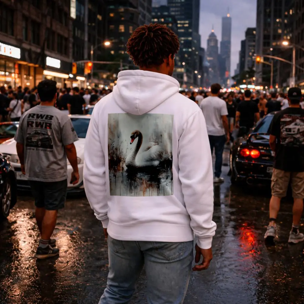 White Swan Floating on Misty Water Painting – Hoodies