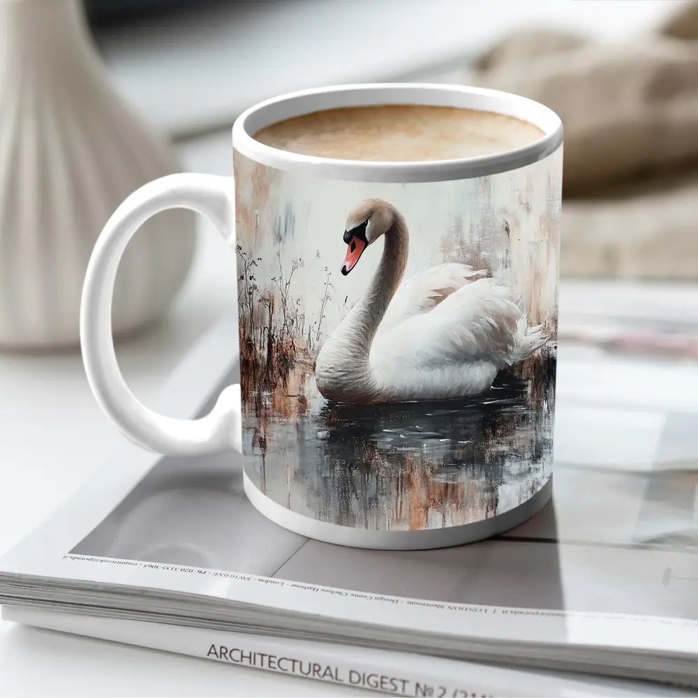 White Swan Floating on Misty Water Painting – Mugs