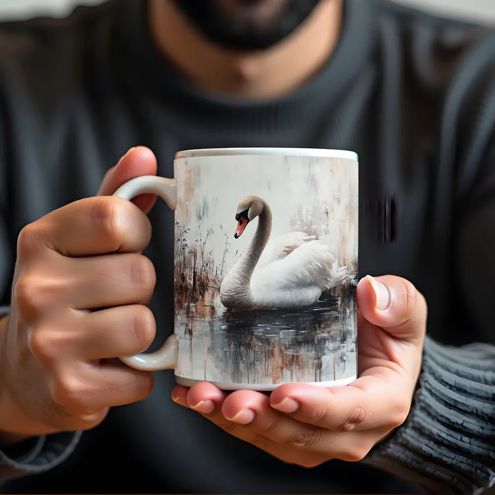 White Swan Floating on Misty Water Painting – Mugs