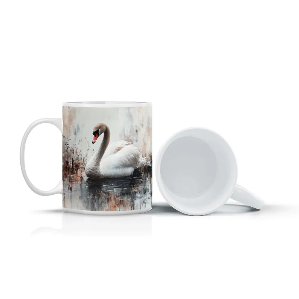 White Swan Floating on Misty Water Painting – Mugs