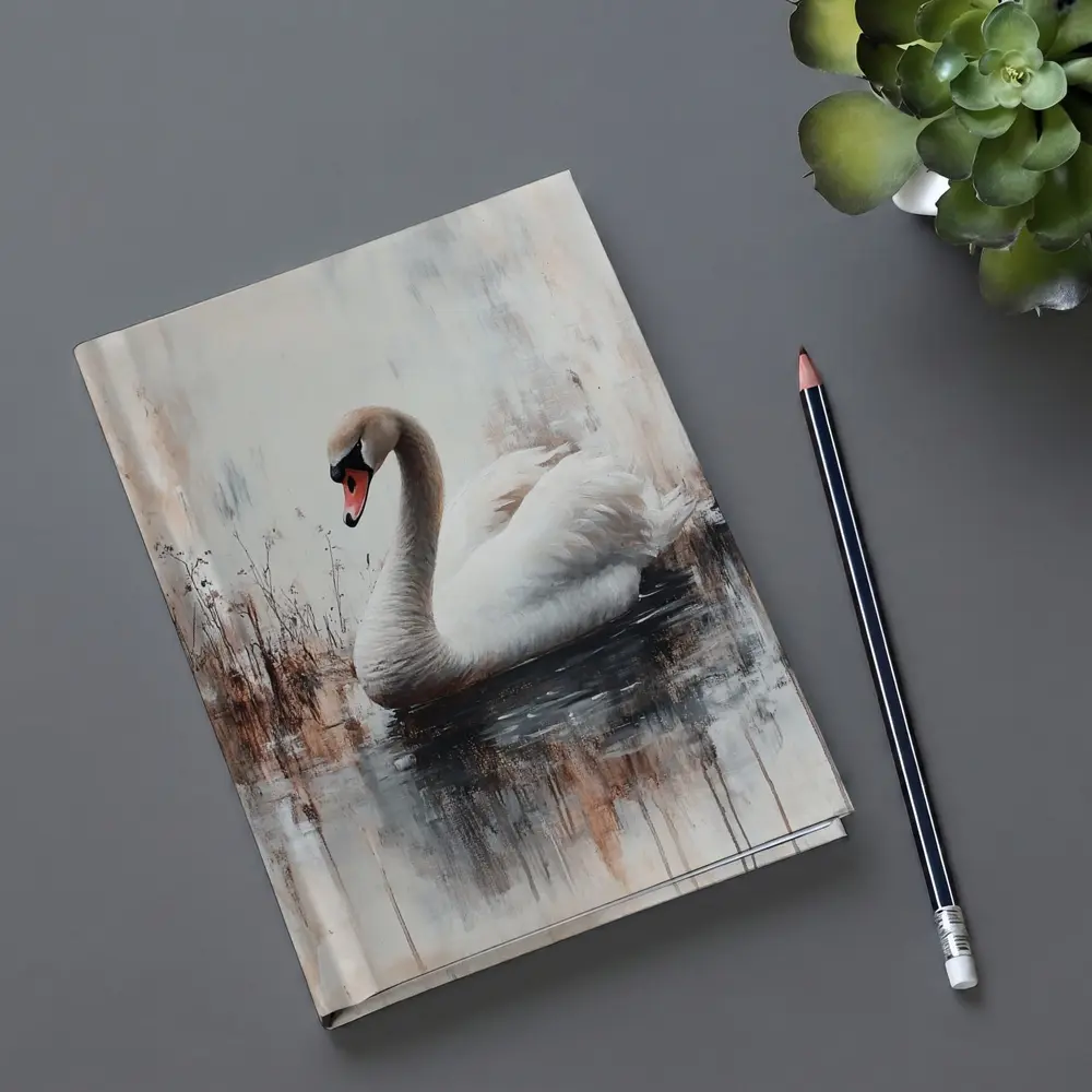 White Swan Floating on Misty Water Painting – Notebooks