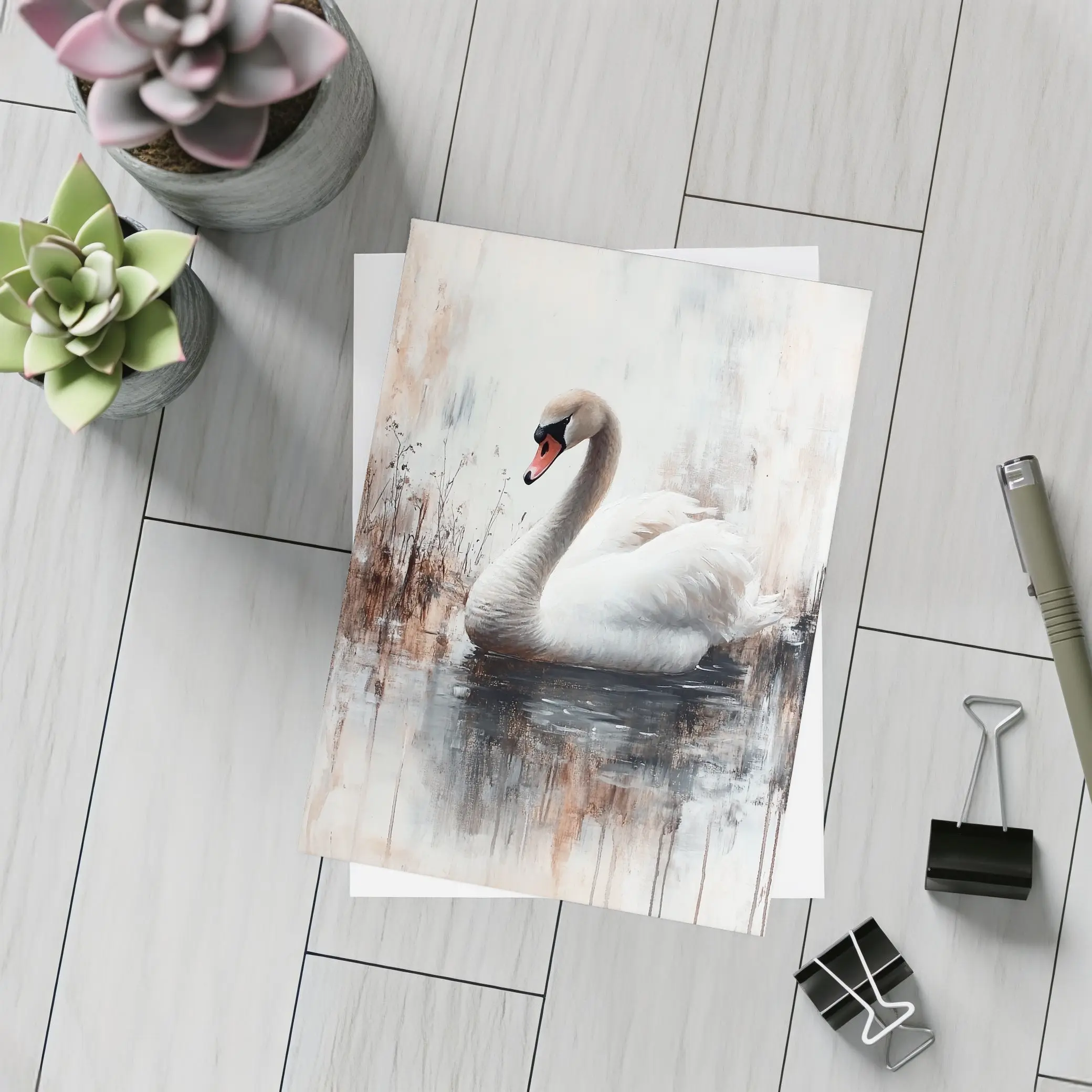 White Swan Floating on Misty Water Painting – Postcards