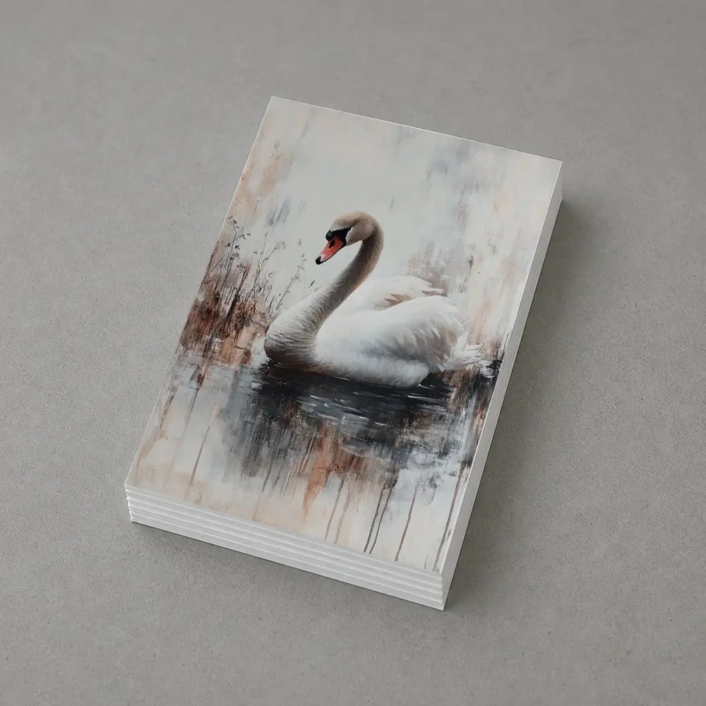White Swan Floating on Misty Water Painting – Postcards