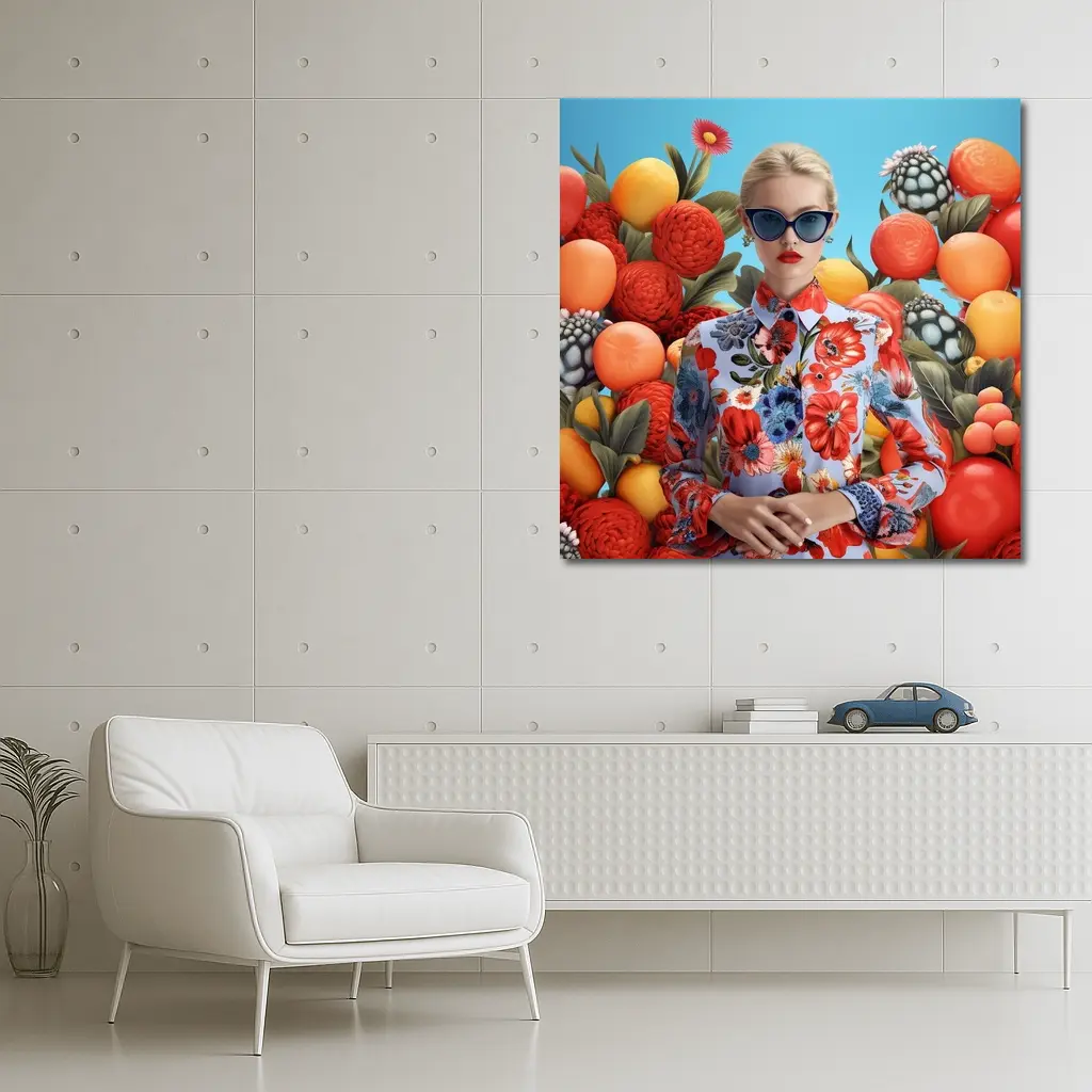 Fashion Woman Floral Dress Fruits Background – Wall Art
