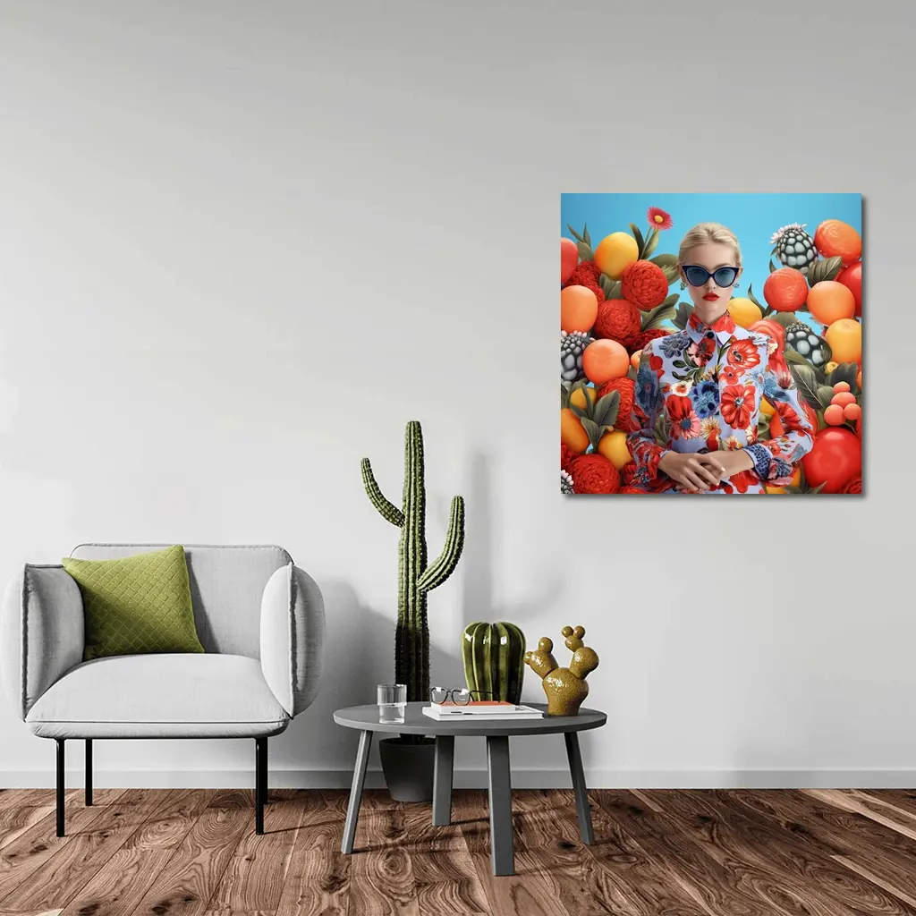 Fashion Woman Floral Dress Fruits Background – Wall Art