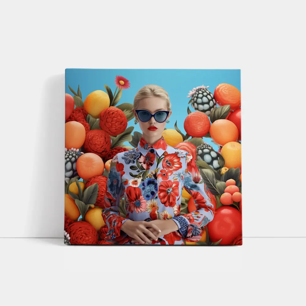 Fashion Woman Floral Dress Fruits Background – Wall Art