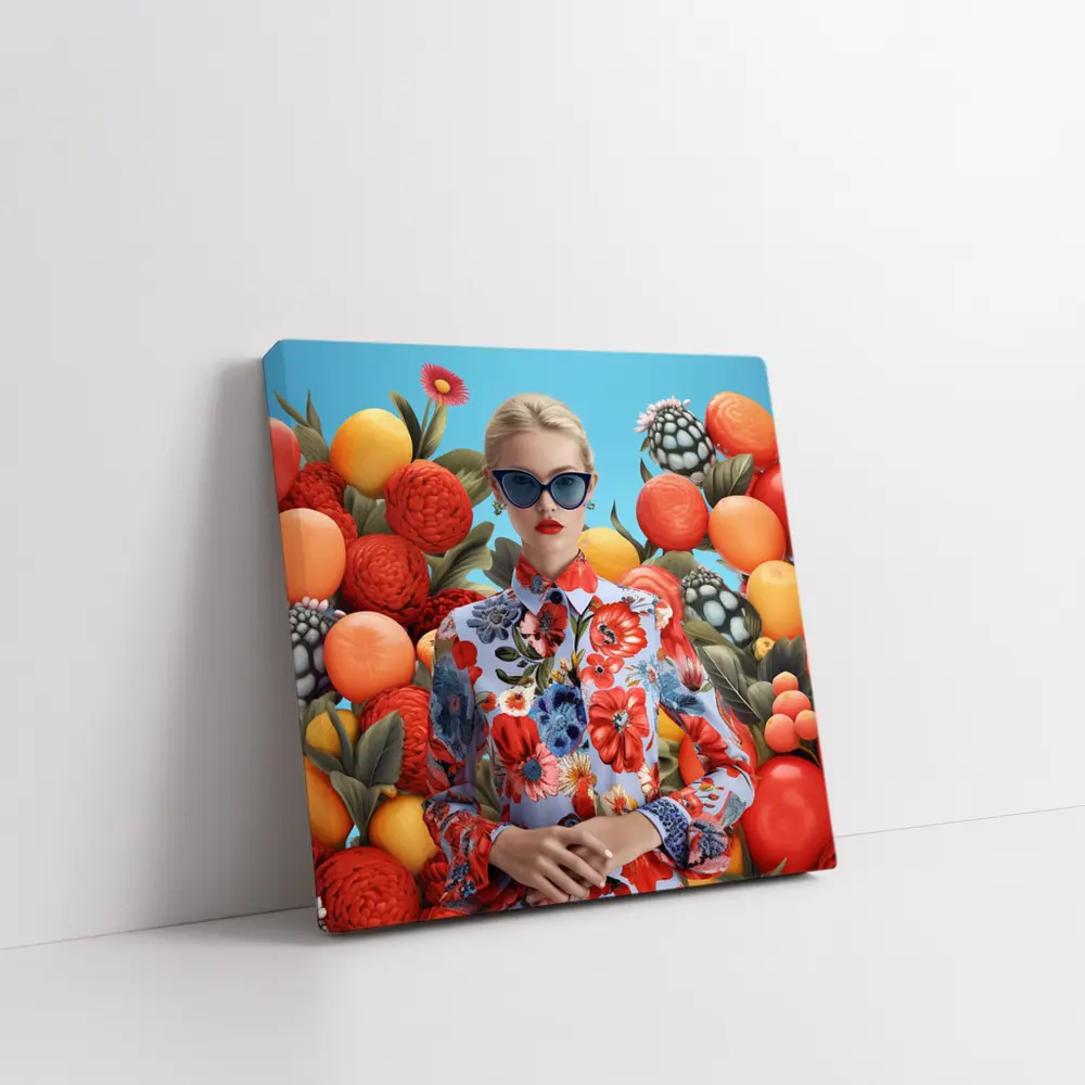 Fashion Woman Floral Dress Fruits Background – Wall Art