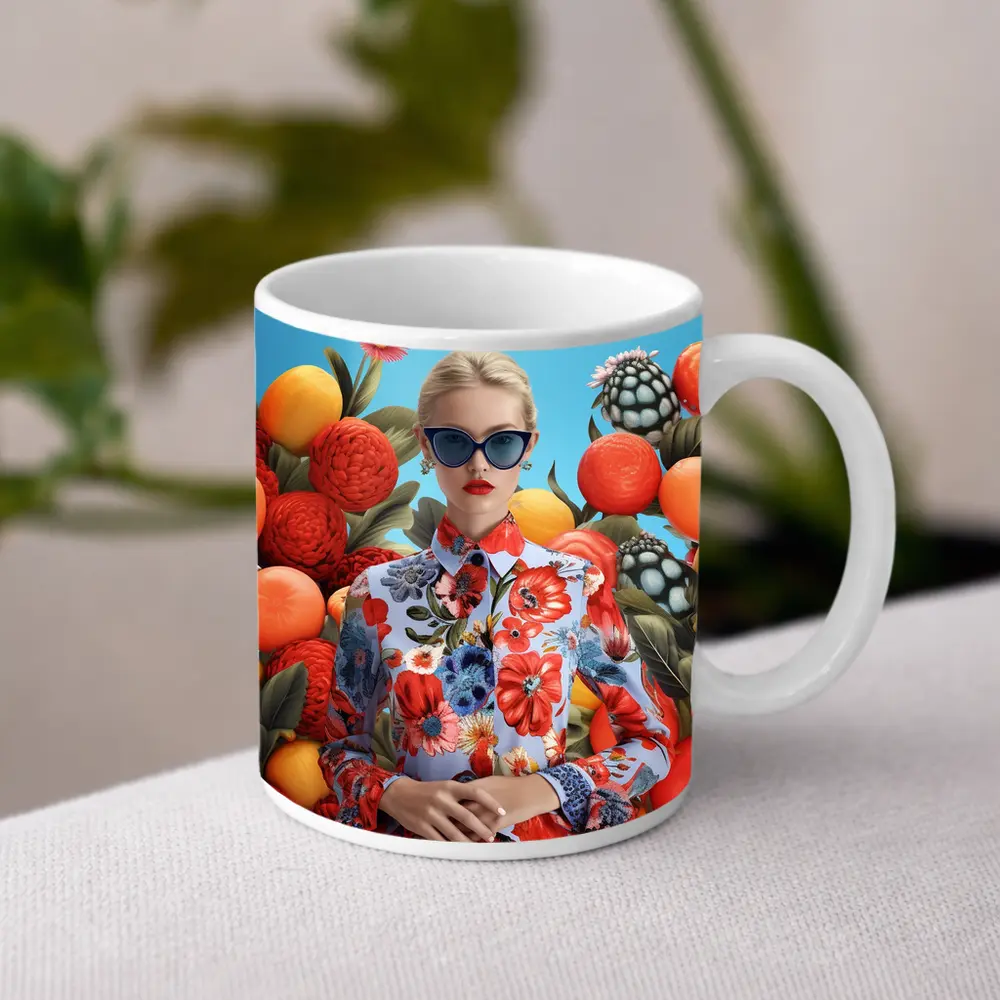 Fashion Woman Floral Dress Fruits Background – Mugs