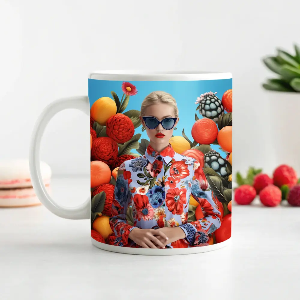 Fashion Woman Floral Dress Fruits Background – Mugs