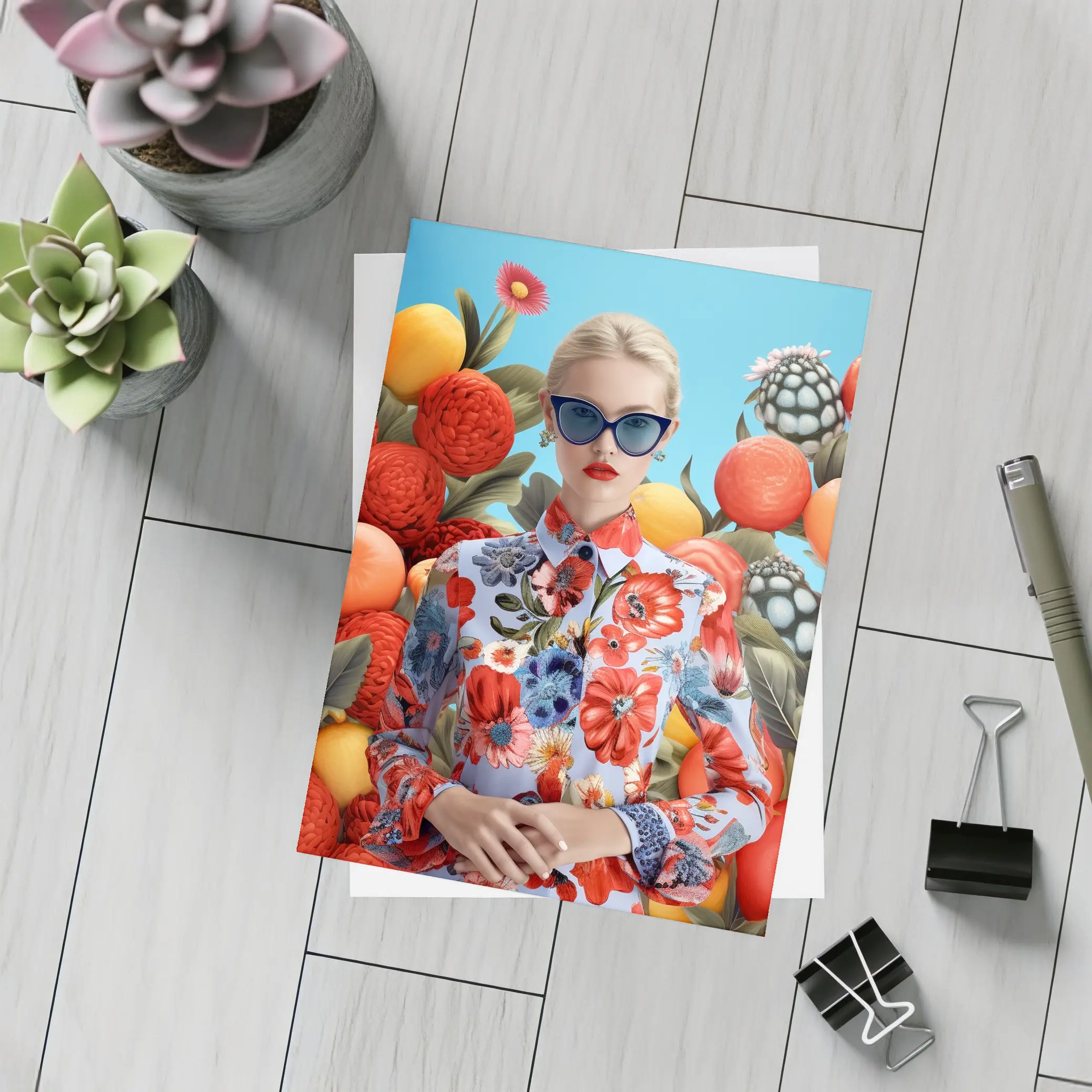 Fashion Woman Floral Dress Fruits Background – Postcards