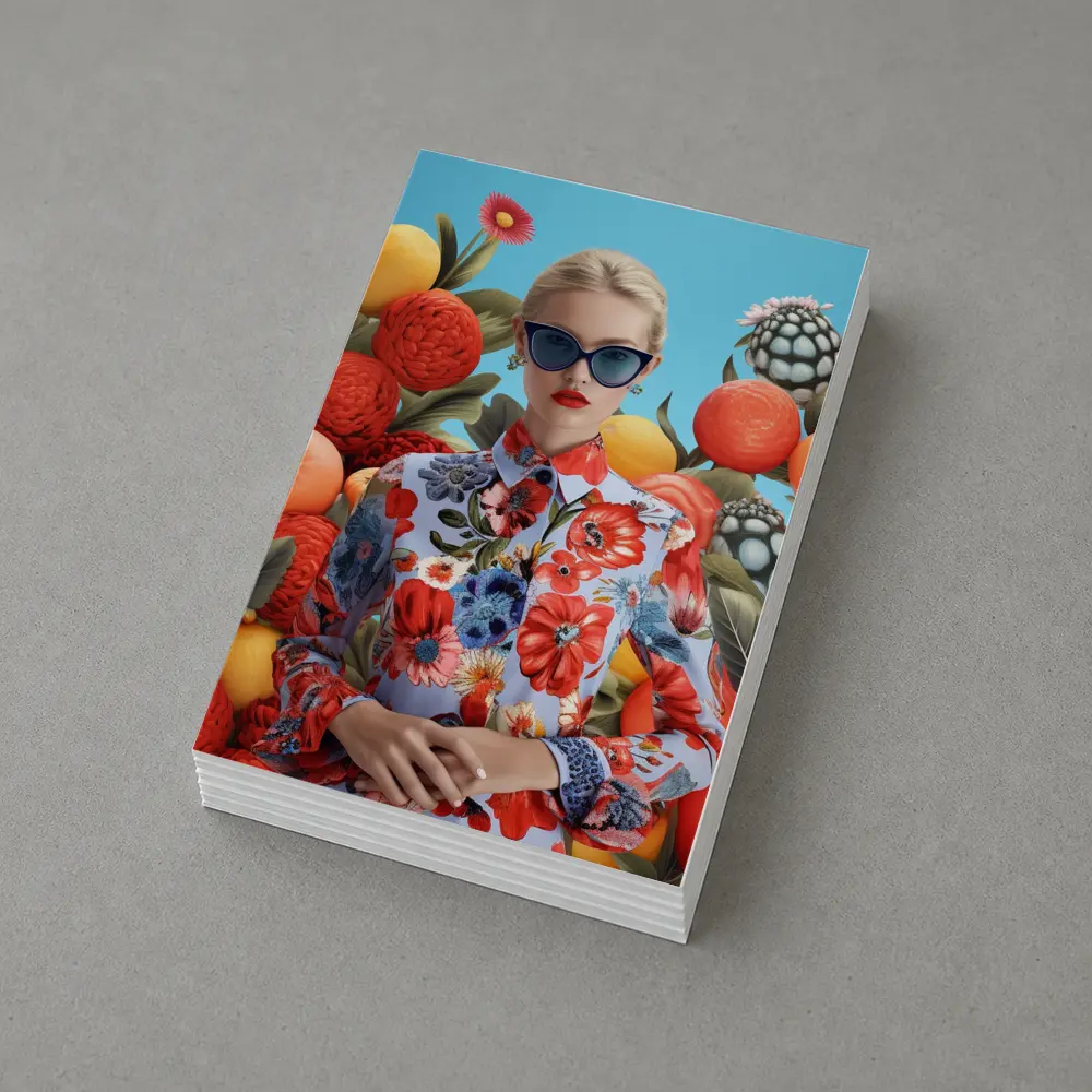 Fashion Woman Floral Dress Fruits Background – Postcards