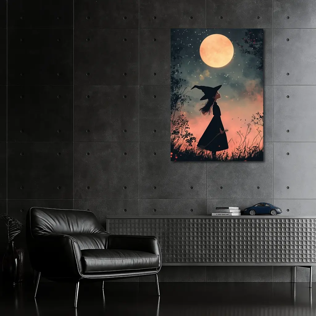 Witch Girl Silhouette Under Full Moon Night – Wall Art