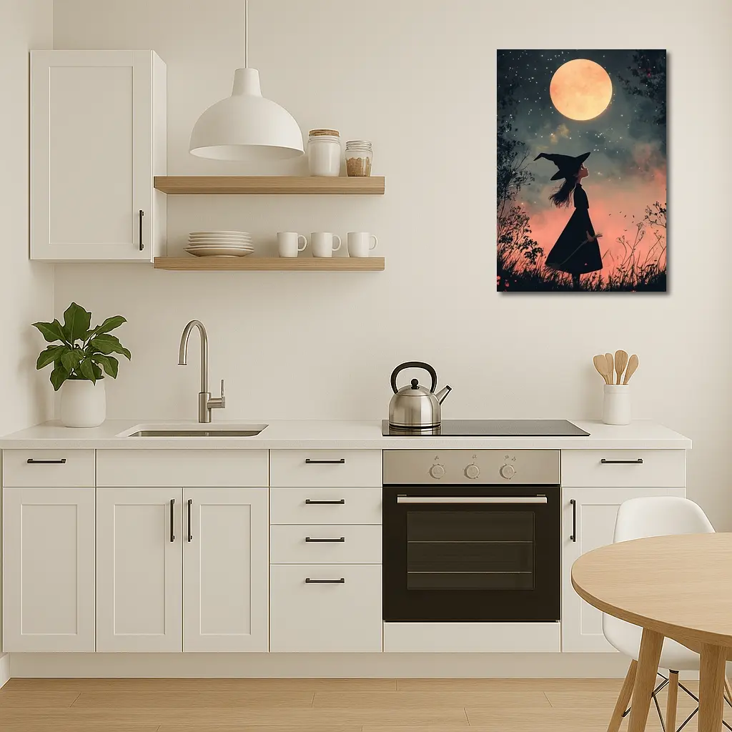 Witch Girl Silhouette Under Full Moon Night – Wall Art