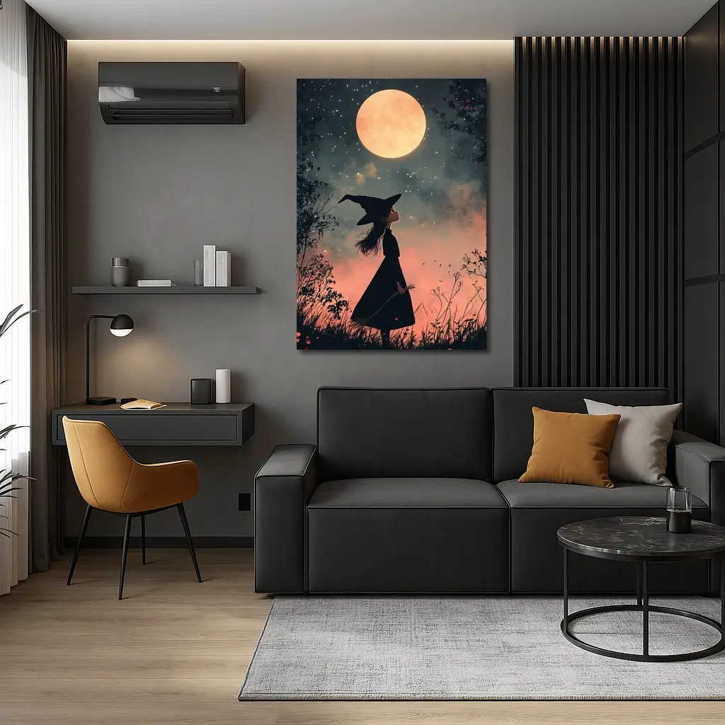Witch Girl Silhouette Under Full Moon Night – Wall Art