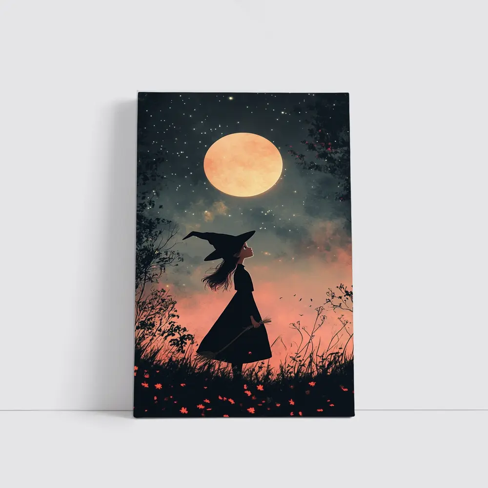 Witch Girl Silhouette Under Full Moon Night – Wall Art