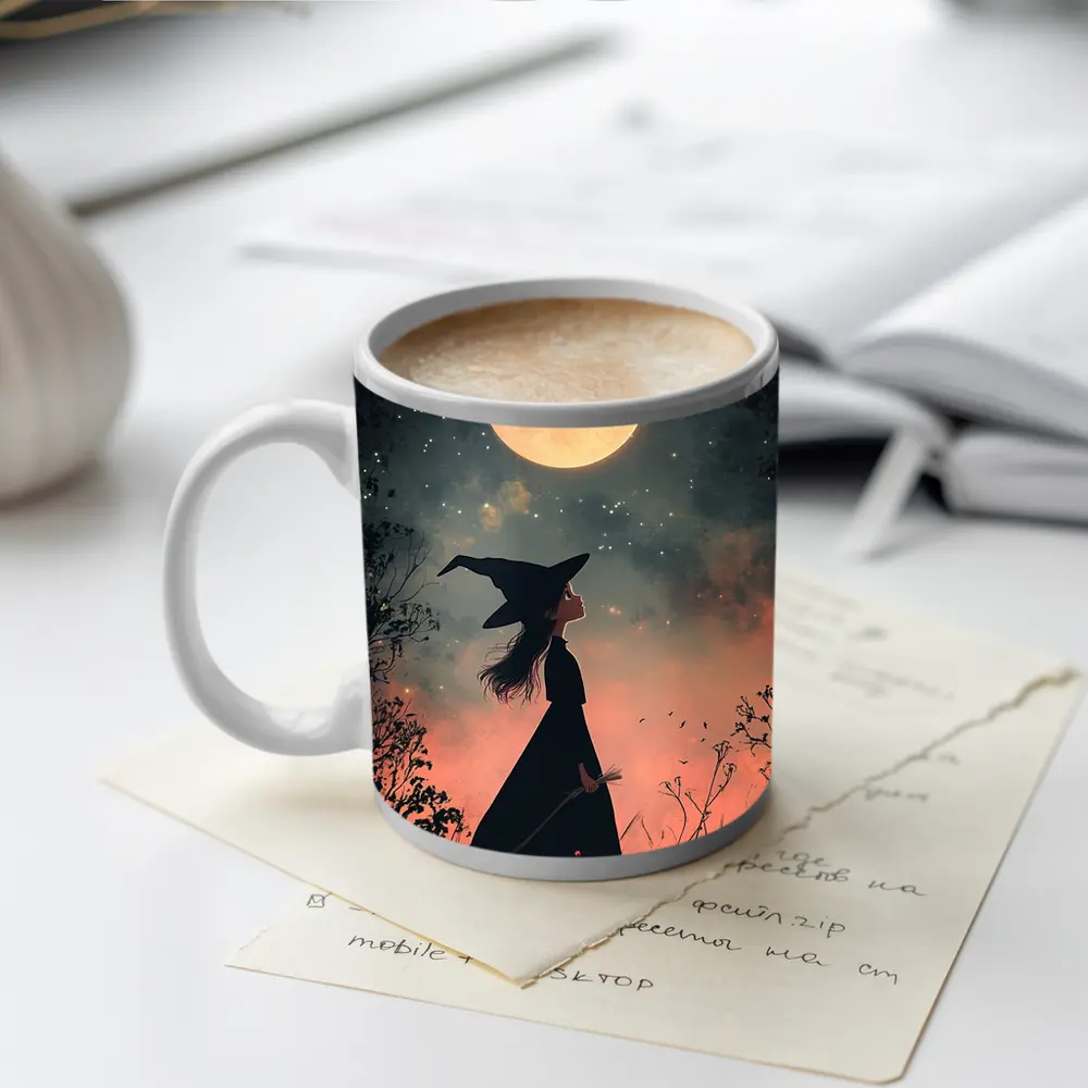 Witch Girl Silhouette Under Full Moon Night – Mugs