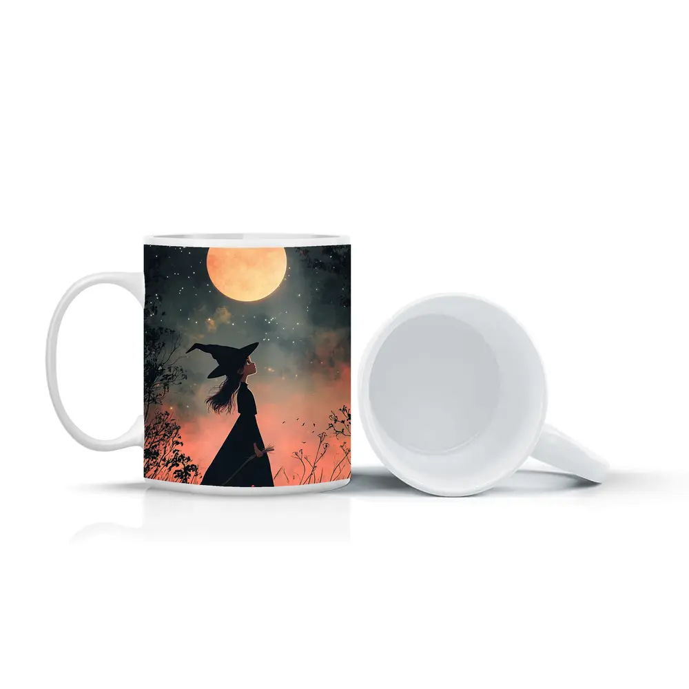 Witch Girl Silhouette Under Full Moon Night – Mugs