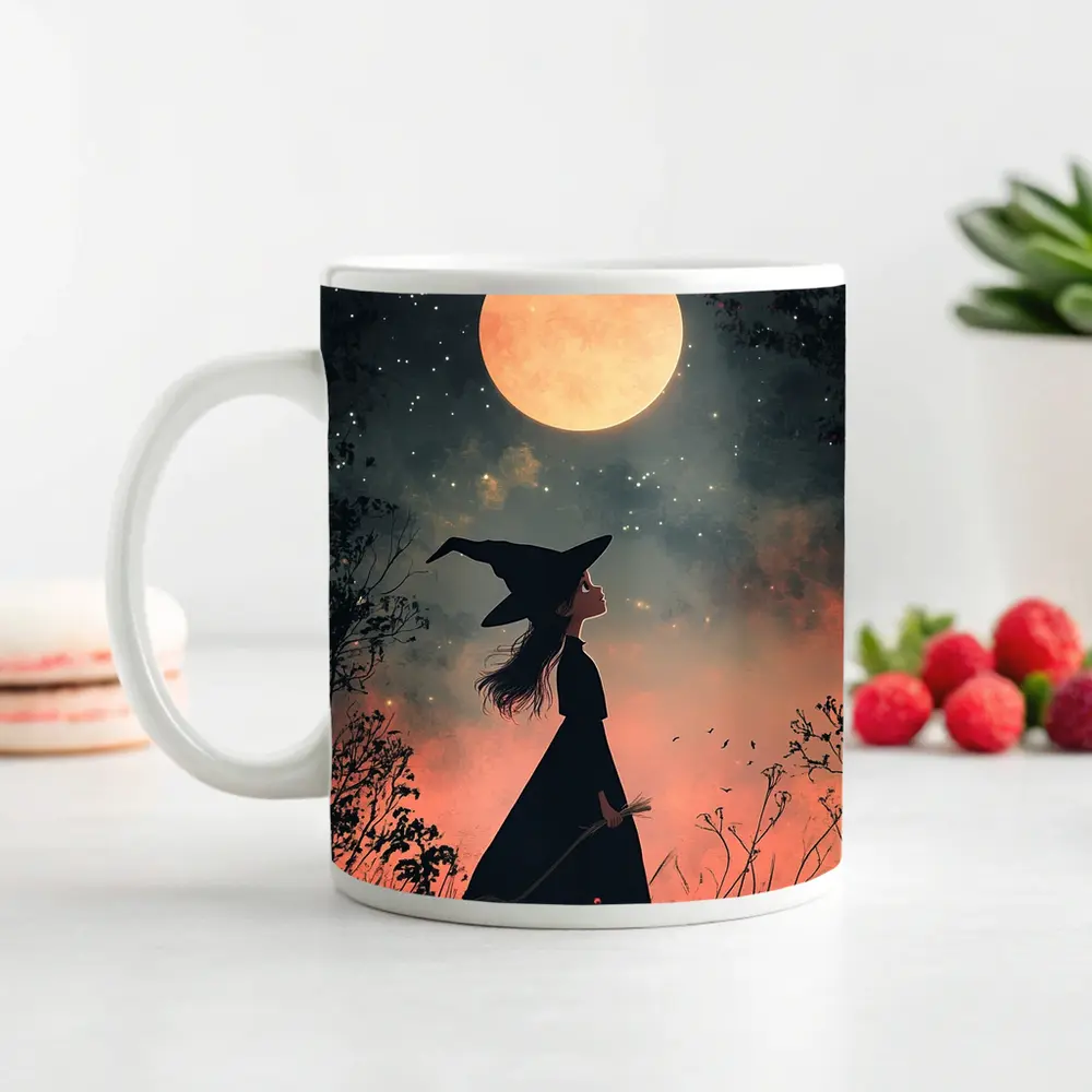 Witch Girl Silhouette Under Full Moon Night – Mugs
