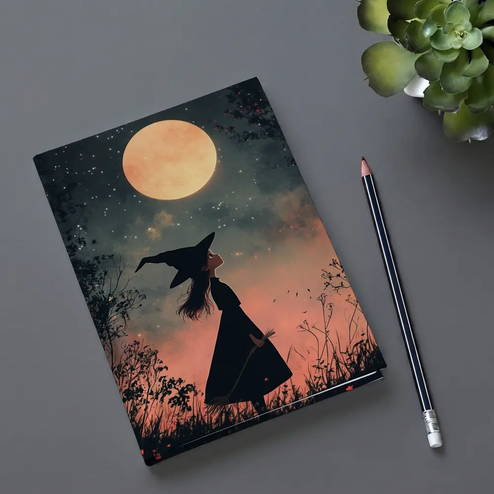 Witch Girl Silhouette Under Full Moon Night – Notebooks