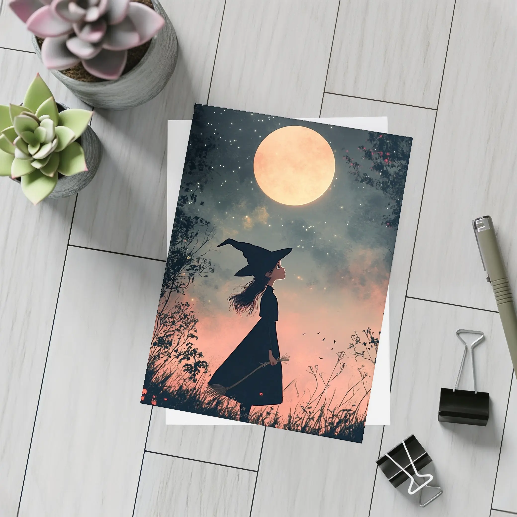 Witch Girl Silhouette Under Full Moon Night – Postcards