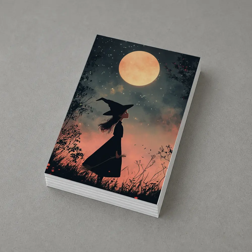 Witch Girl Silhouette Under Full Moon Night – Postcards