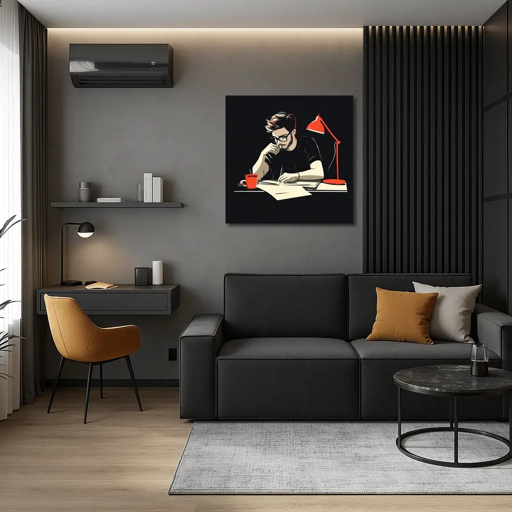 Man Writing at Desk Dark Background – Wall Art
