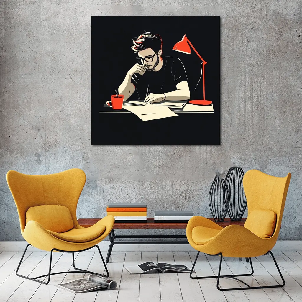Man Writing at Desk Dark Background – Wall Art