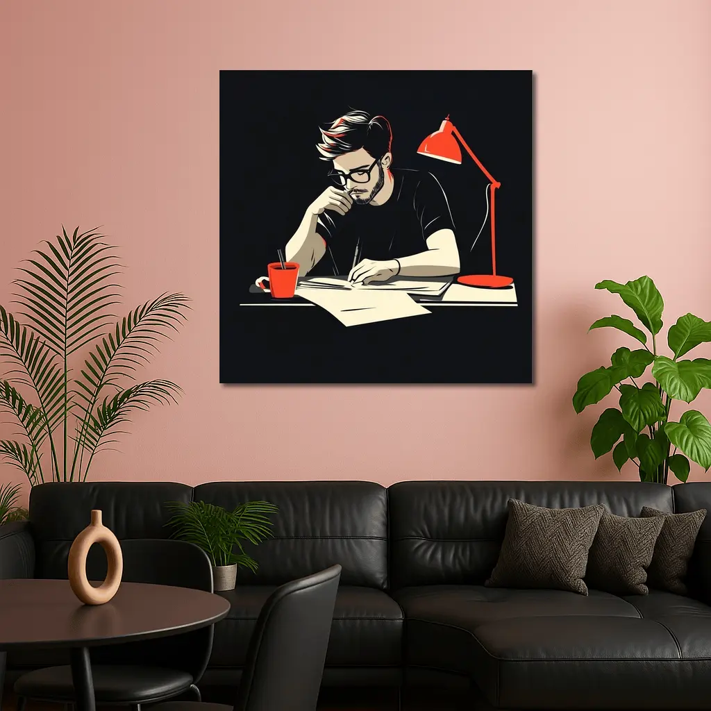Man Writing at Desk Dark Background – Wall Art
