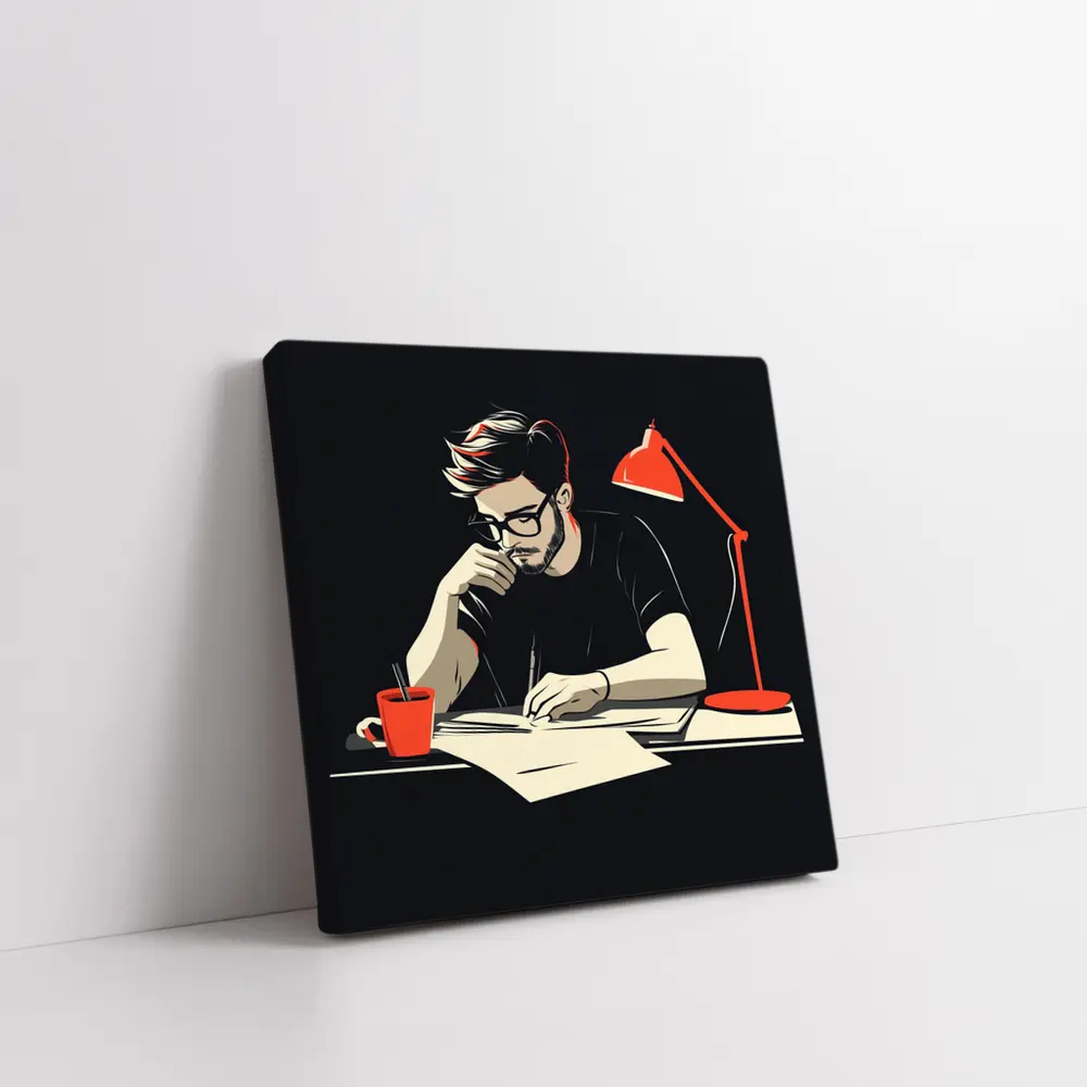 Man Writing at Desk Dark Background – Wall Art