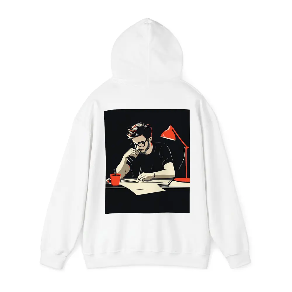 Man Writing at Desk Dark Background – Hoodies
