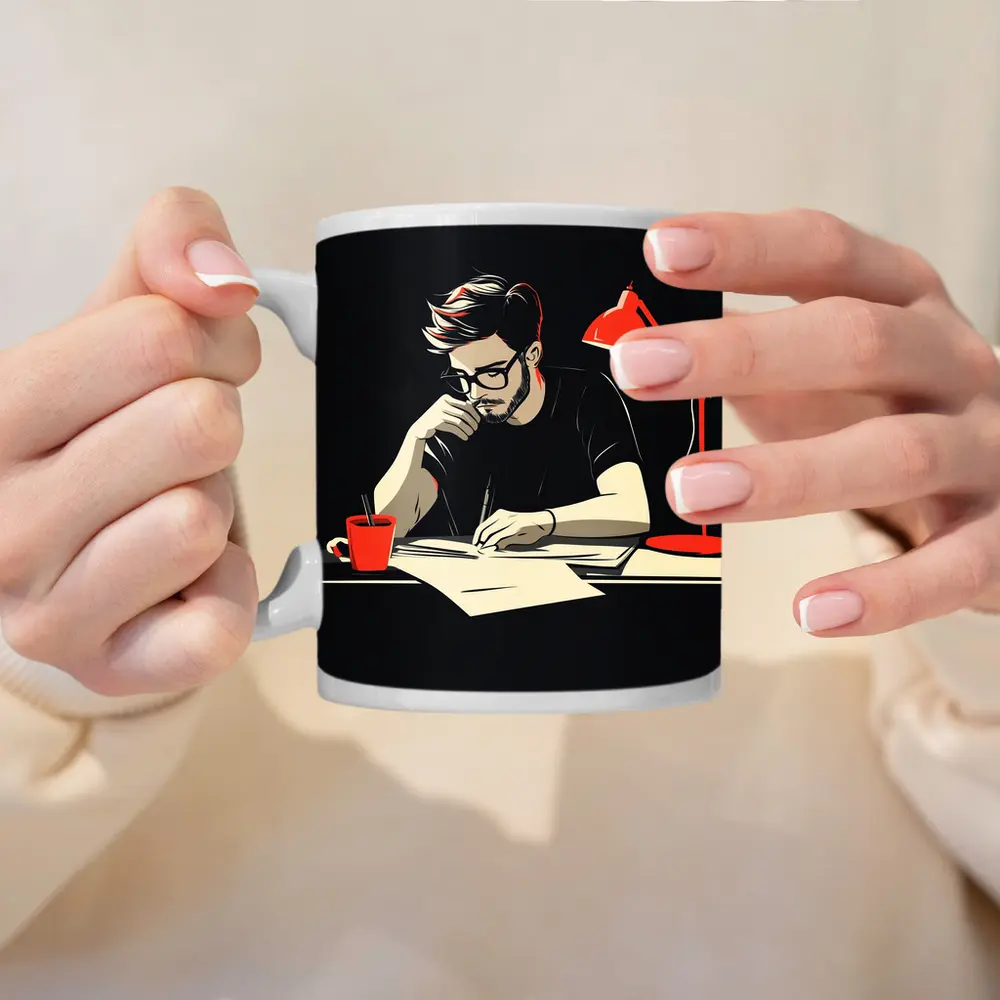 Man Writing at Desk Dark Background – Mugs