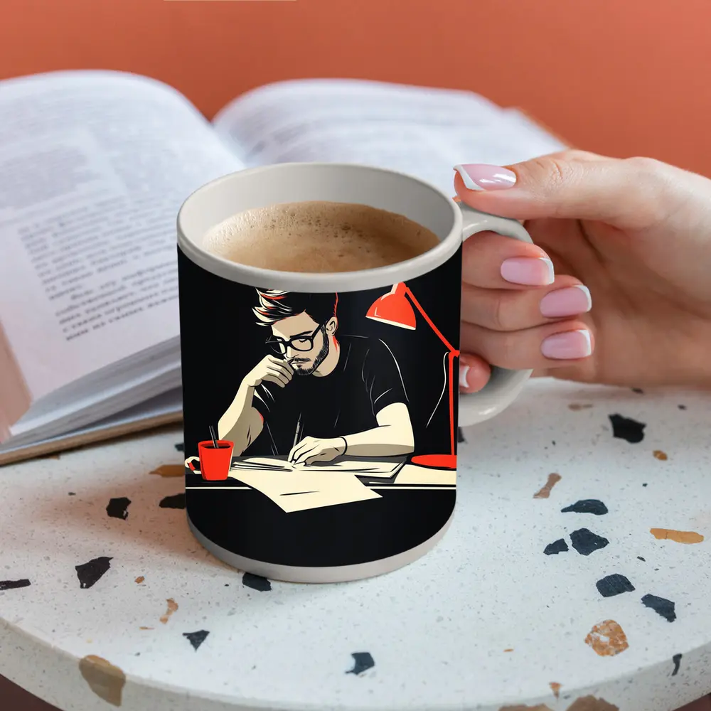 Man Writing at Desk Dark Background – Mugs