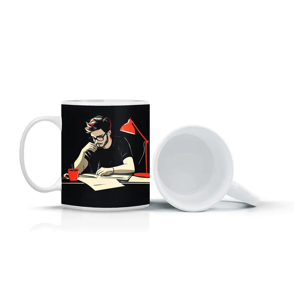 Man Writing at Desk Dark Background – Mugs