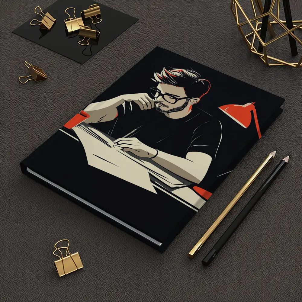 Man Writing at Desk Dark Background – Notebooks