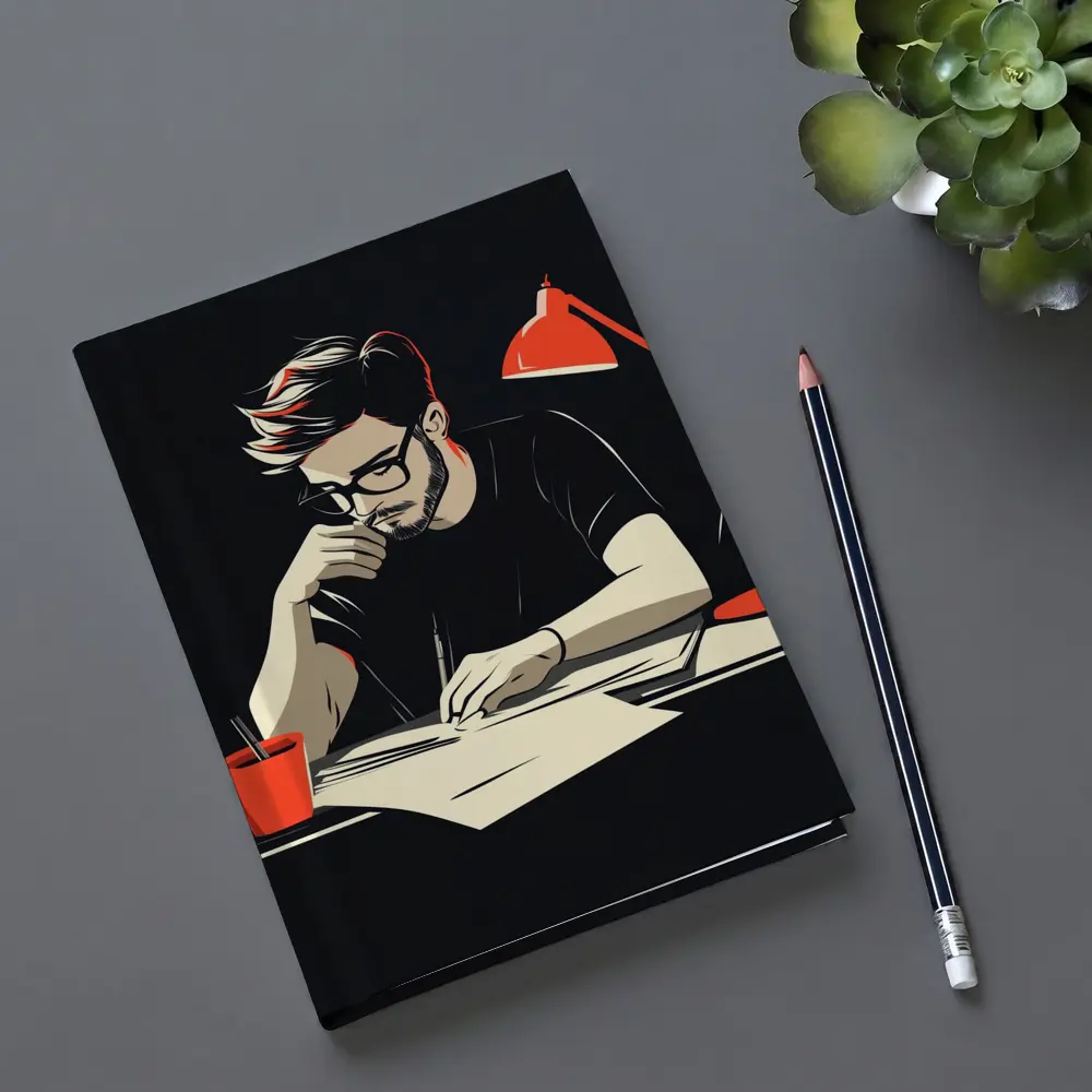 Man Writing at Desk Dark Background – Notebooks