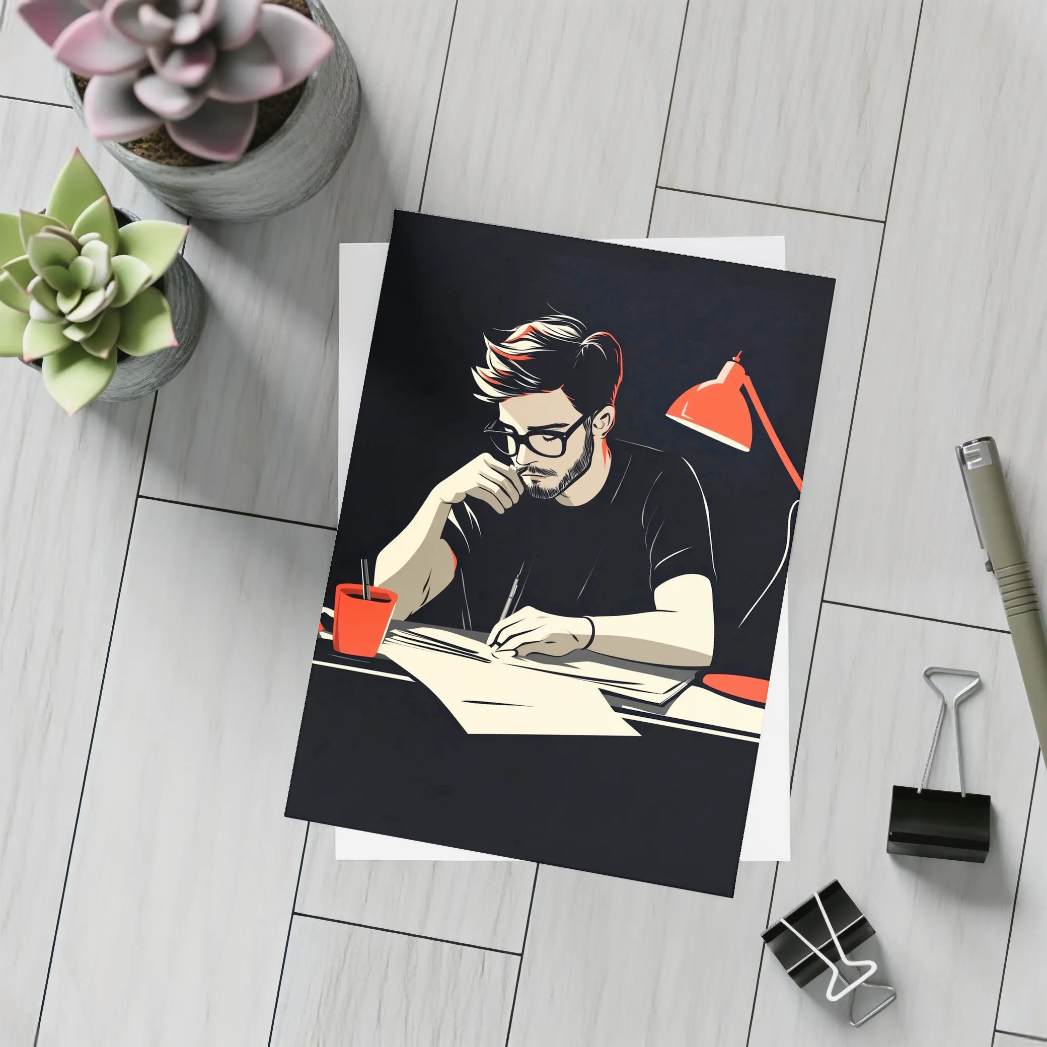 Man Writing at Desk Dark Background – Postcards