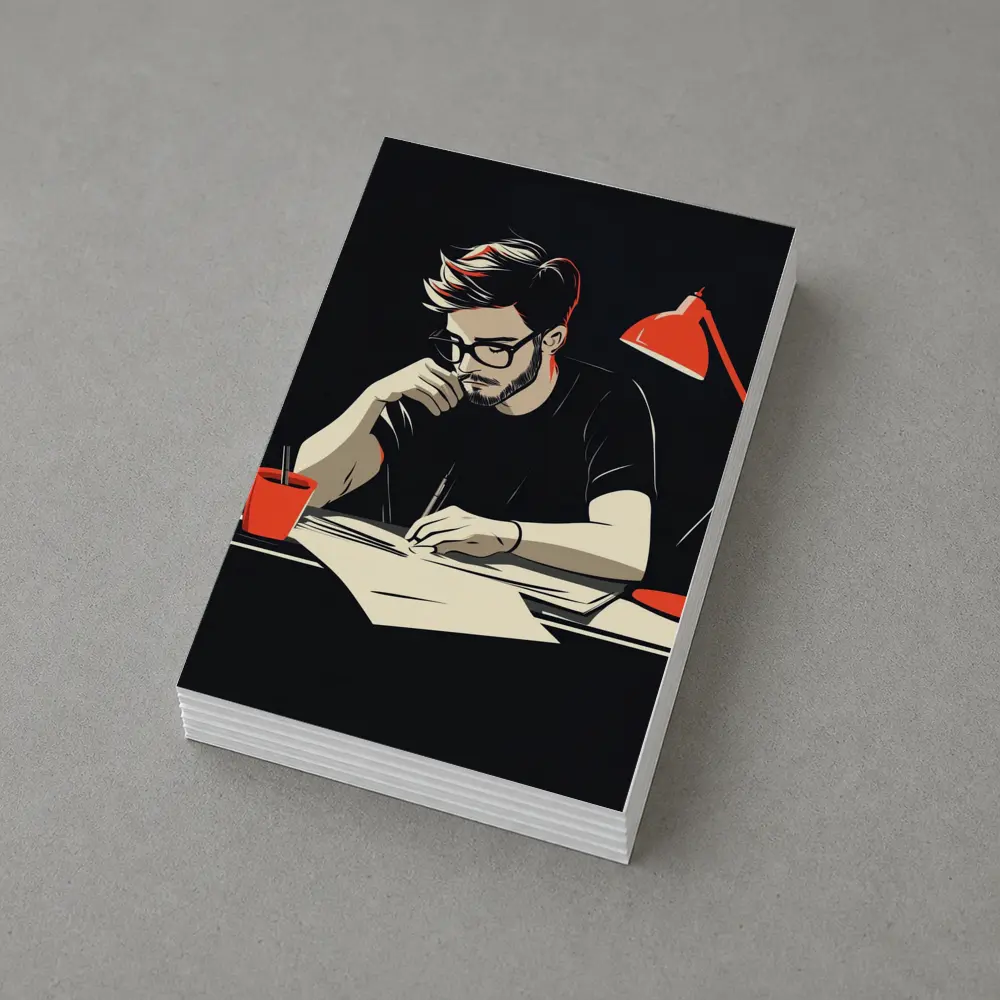 Man Writing at Desk Dark Background – Postcards