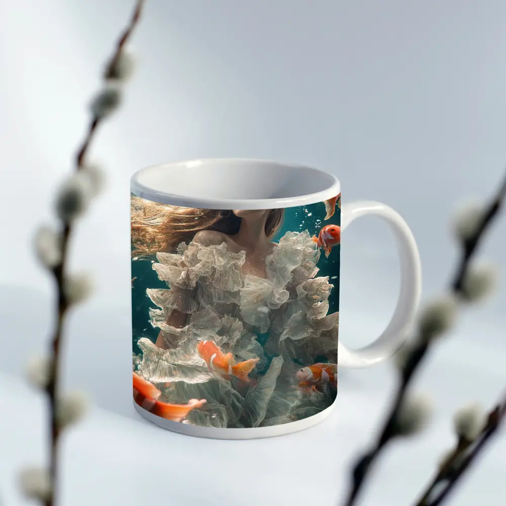 Woman Underwater White Dress Clownfish – Mugs