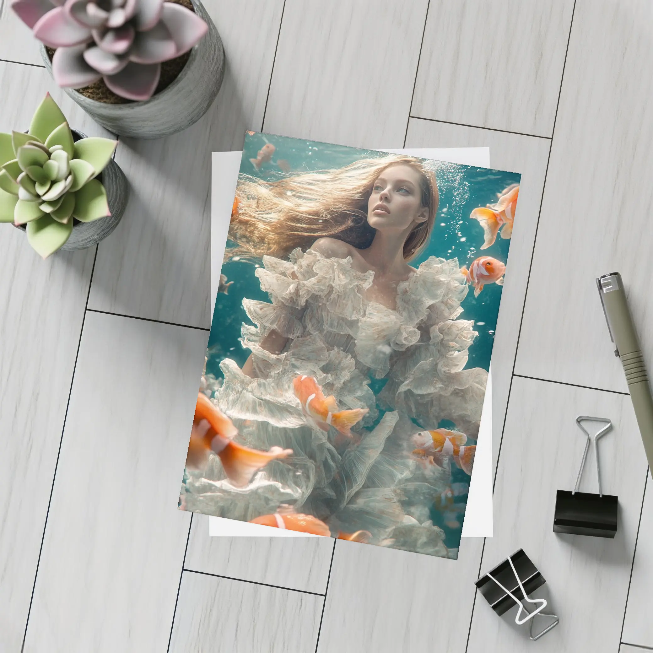 Woman Underwater White Dress Clownfish – Postcards