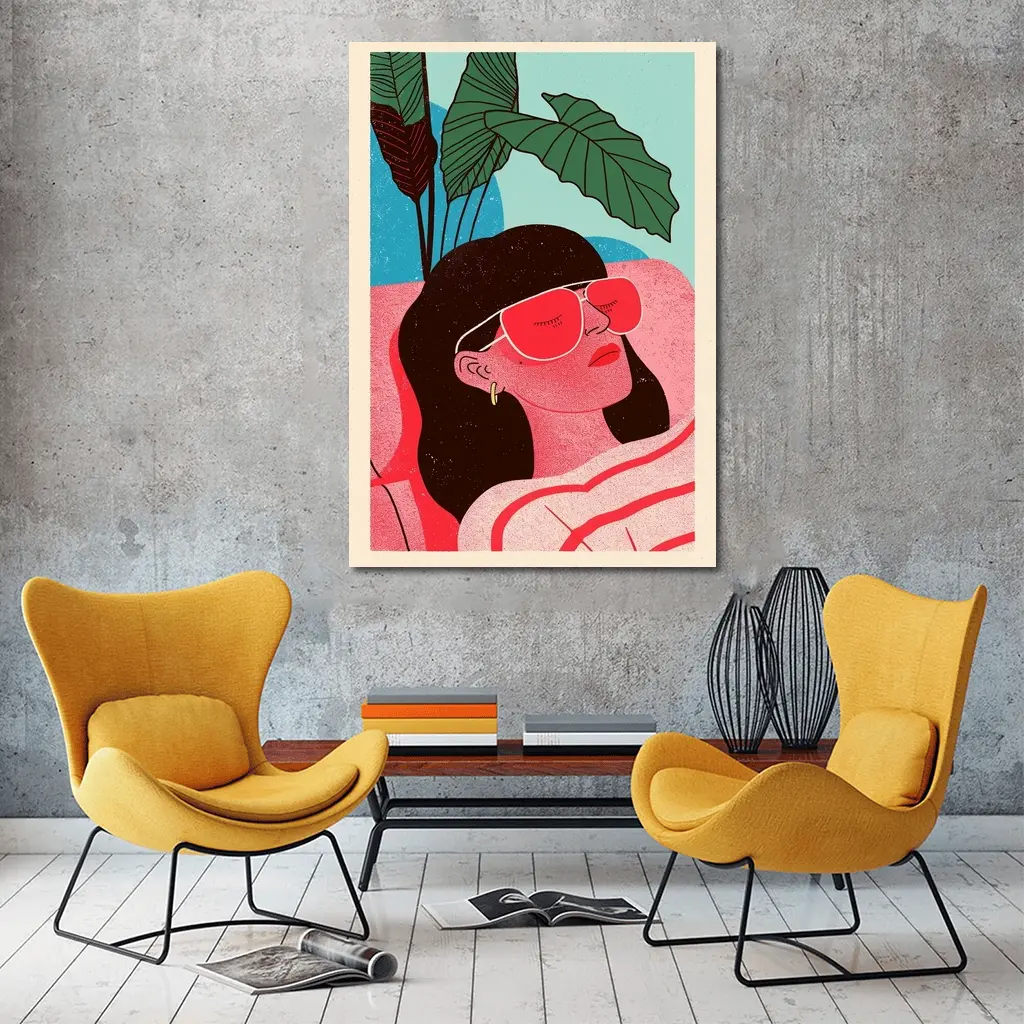 Relaxed Woman Sunglasses Tropical Plant Illustration – Wall Art