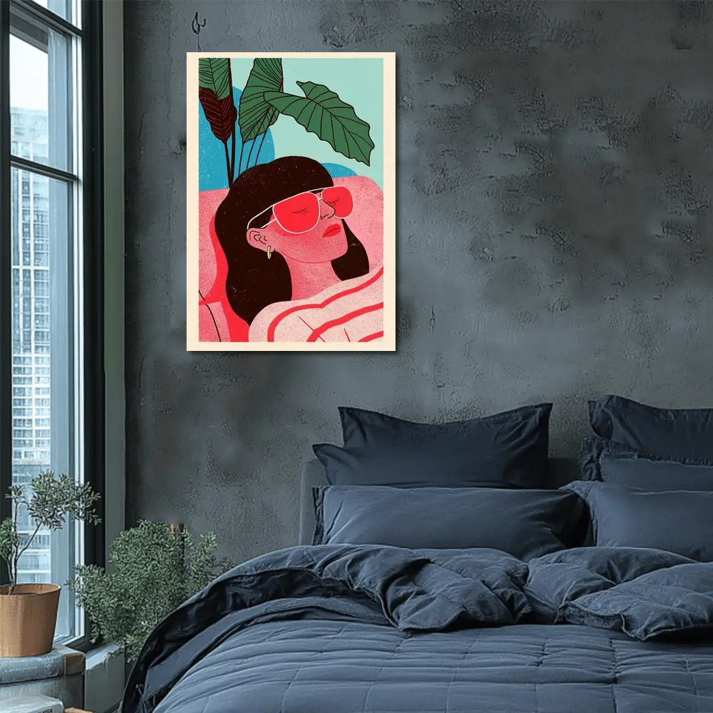 Relaxed Woman Sunglasses Tropical Plant Illustration – Wall Art