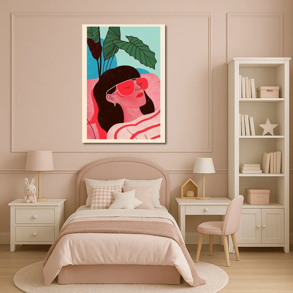 Relaxed Woman Sunglasses Tropical Plant Illustration – Wall Art